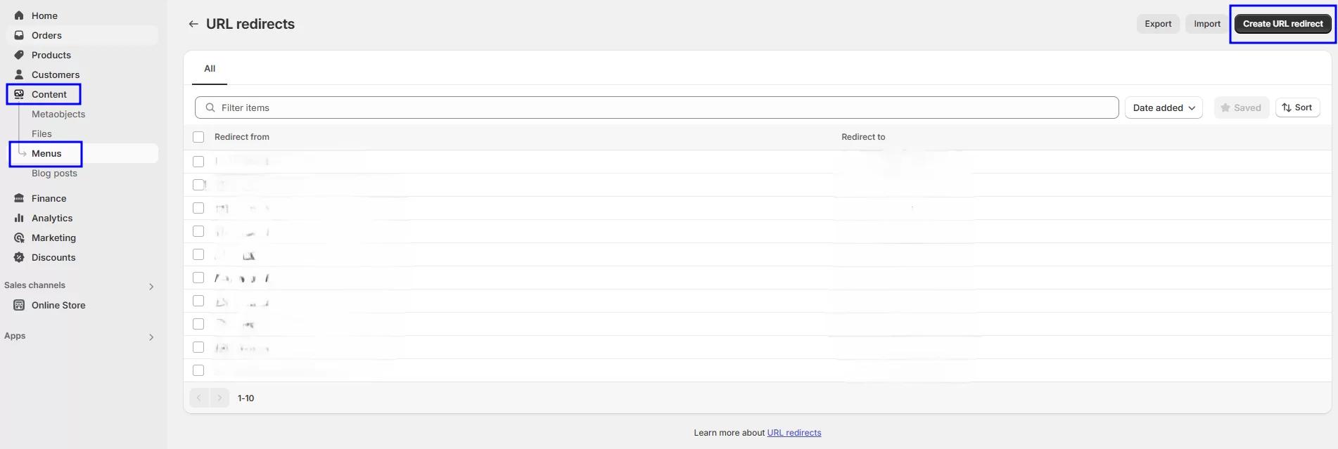 Shopify’s URL redirect settings Interface