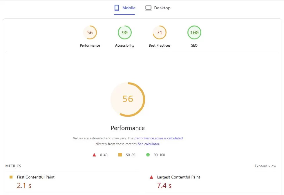 Screenshot of Google PageSpeed Insights score for a Shopify store