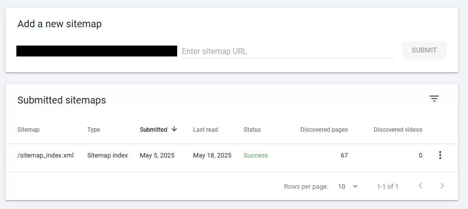 Screenshot of Google Search Console showing the XML sitemap submission