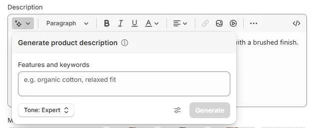 Screenshot showcasing the Shopify Magic feature within the Shopify admin