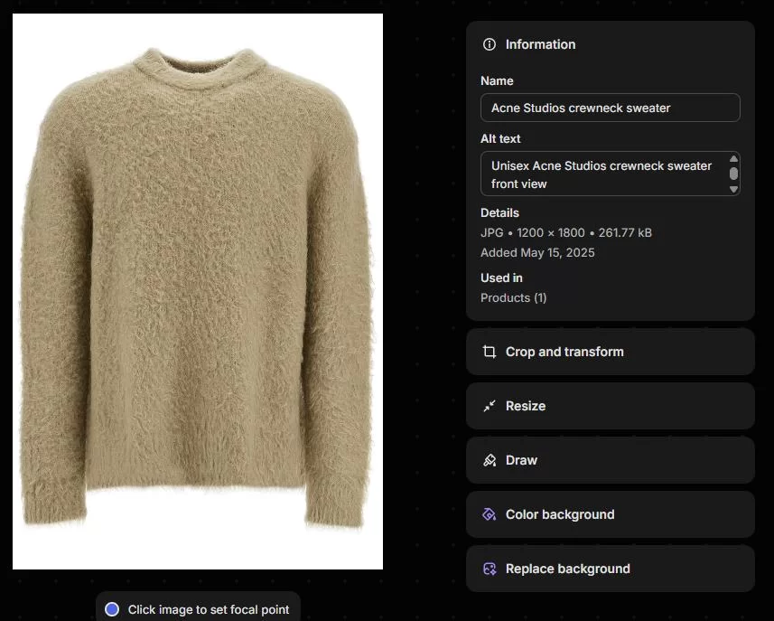 Screenshot showing how to manage ALT text in the Shopify admin