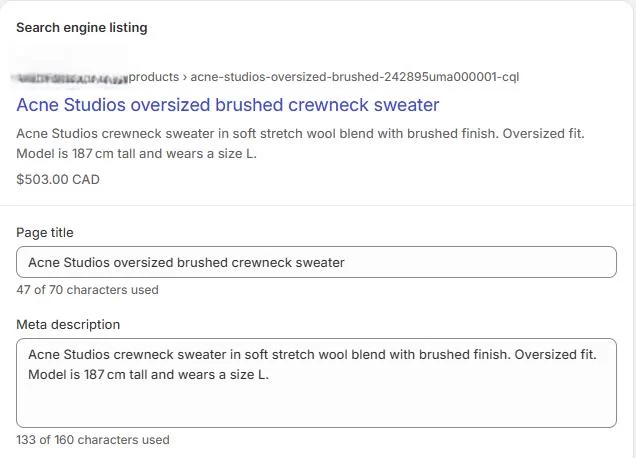 Screenshot showing how to manage metadata in the Shopify admin