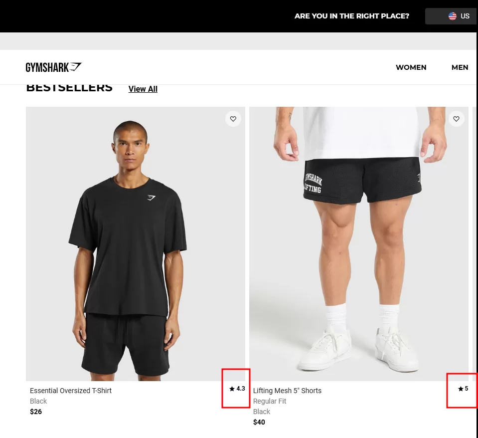 A website with the rating on the products section