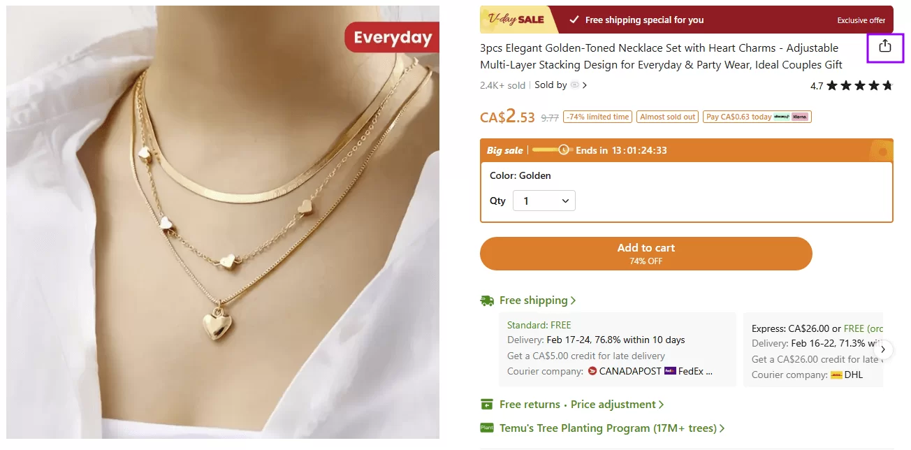 Product page share option example