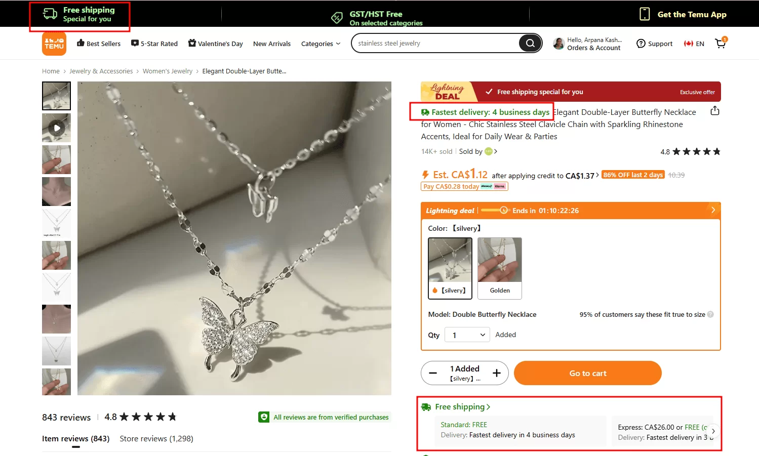 an example of a product page with clear details for shipping and delivery time