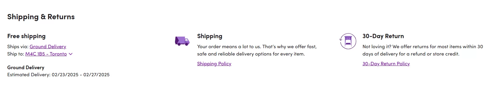 an example of a product page with clear details for shipping, returns and delivery time