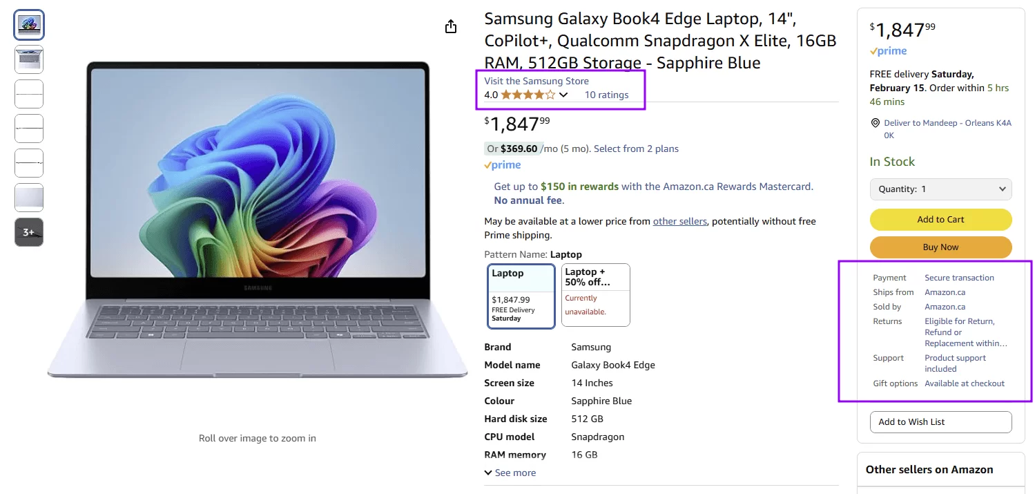 an example of a product page with optimized trust signals