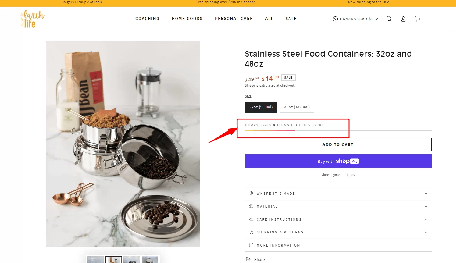 an example of a product page with urgency or scarcity elements