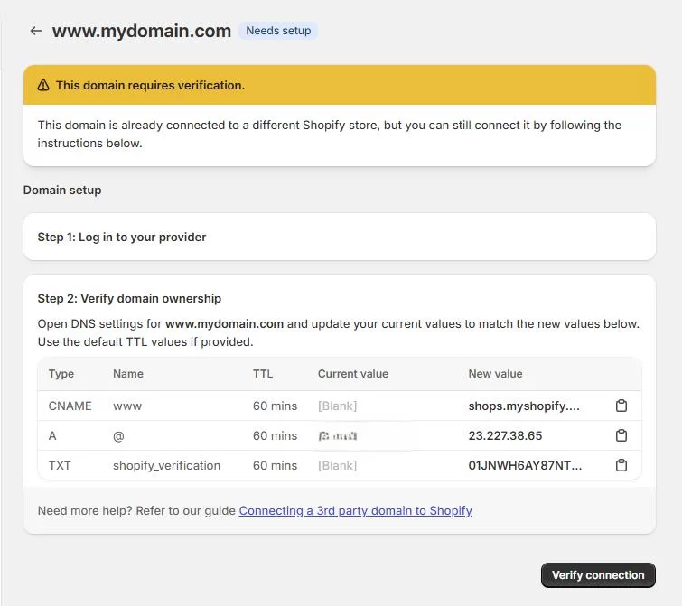 Shopify’s Domain Settings Interface
