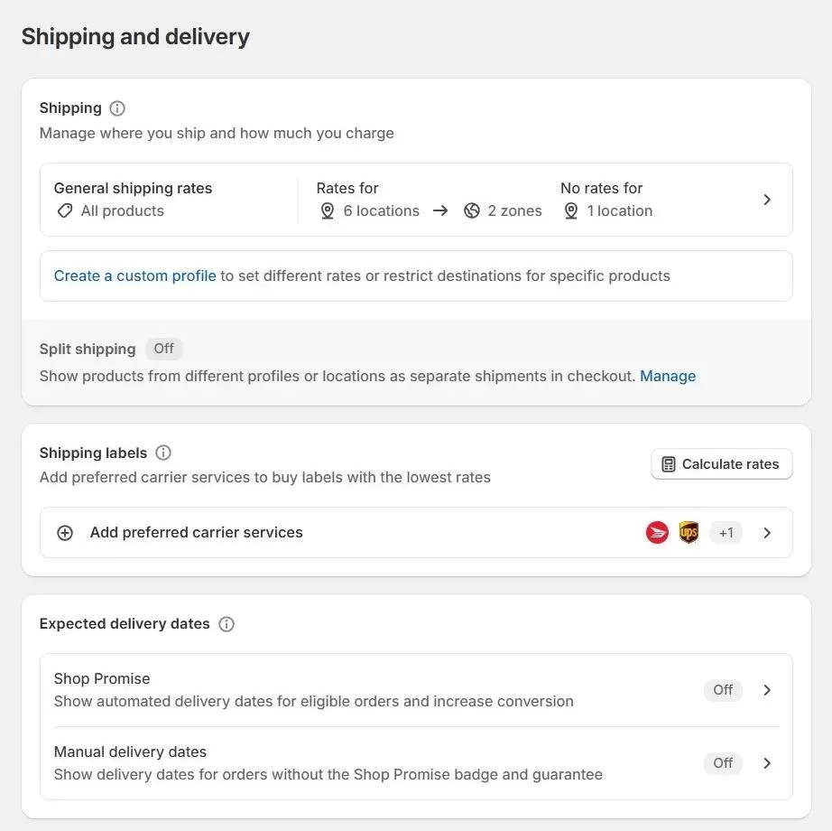 Shopify’s Shipping and Delivery Settings Interface