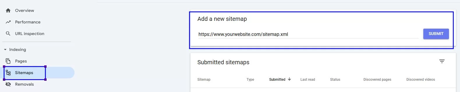 Google Search Console Interface for Submitting New XML Sitemap