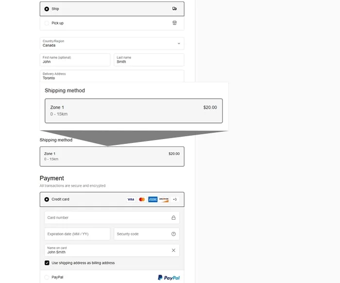 screenshot of local delivery options for online flower store