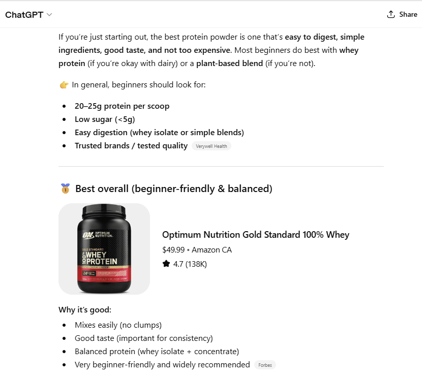 ChatGPT AI-generated product recommendations showing beginner-friendly protein powders with explanations and ratings