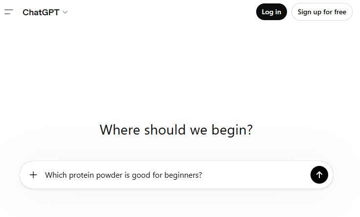 Example of a product discovery query in ChatGPT for beginner protein powder recommendations