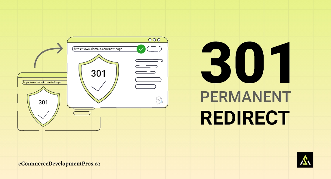 Illustration of a 301 permanent redirect showing traffic and search engines moving from an old URL to a new URL
