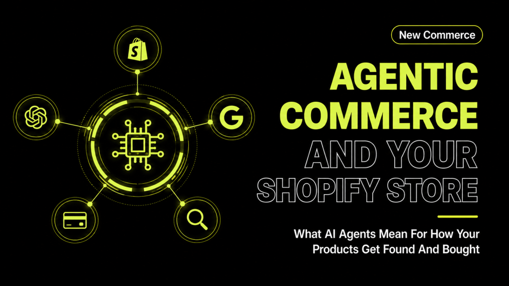 AI agent connected to Shopify, ChatGPT, Google Search, and payment systems representing agentic commerce for Shopify stores.