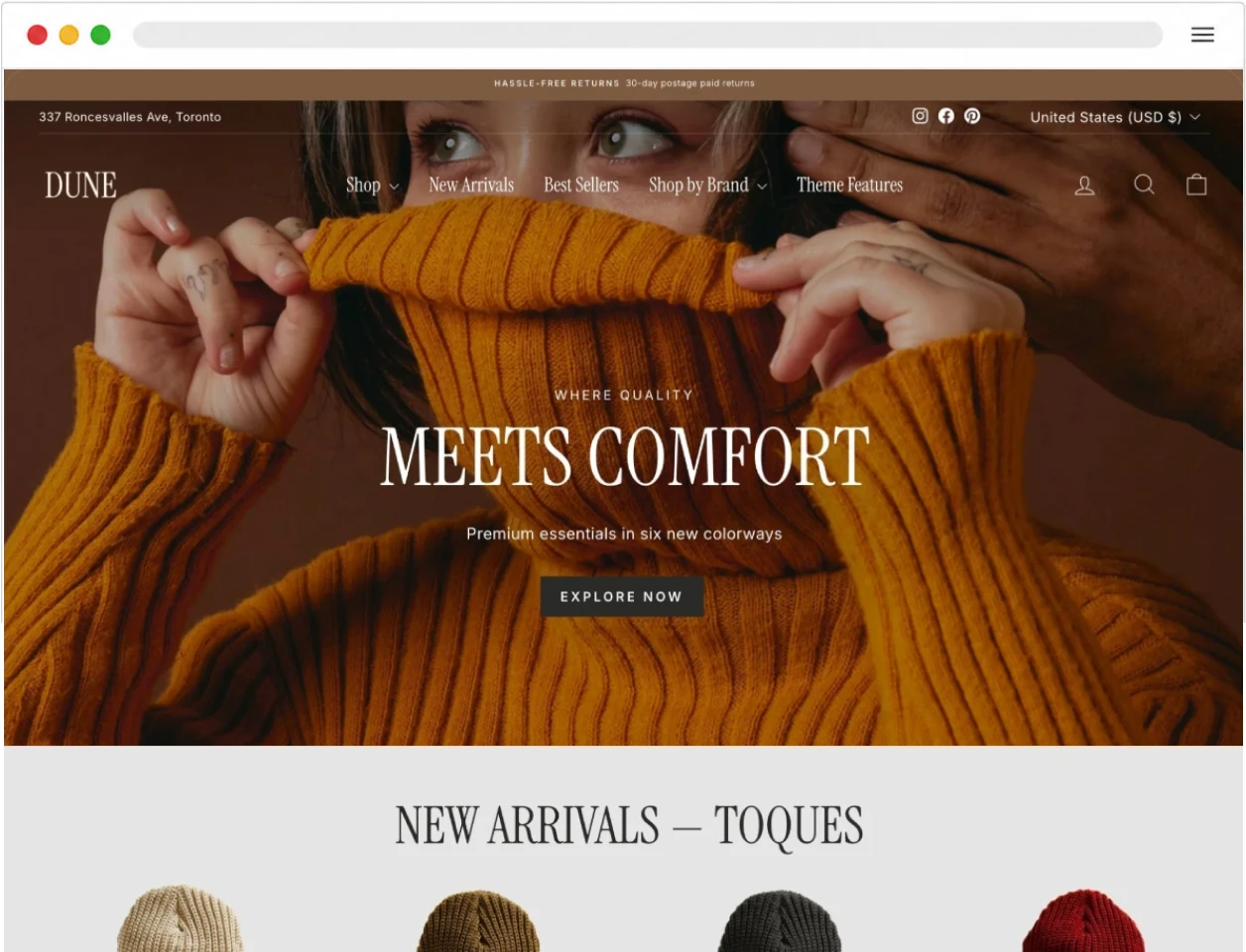 Dune Shopify fashion theme demo for natural-fiber brands