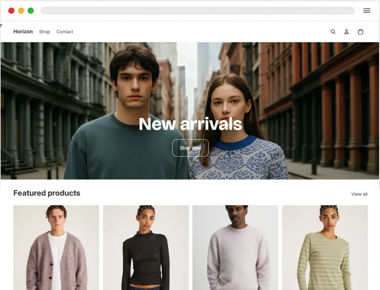 Horizon free Shopify fashion theme demo with clean product grids and quick view