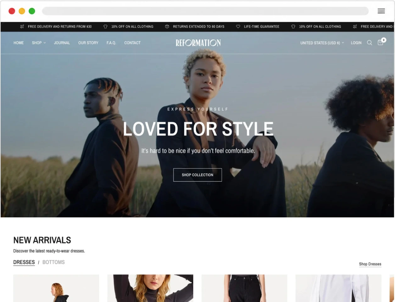 Reformation Shopify fashion theme demo storefront and product grid