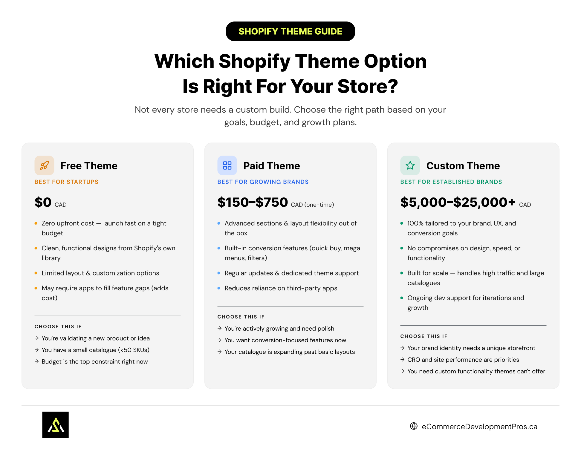 Infographic comparing free, paid, and custom Shopify themes by cost, features, flexibility, and best-fit use cases for eCommerce stores