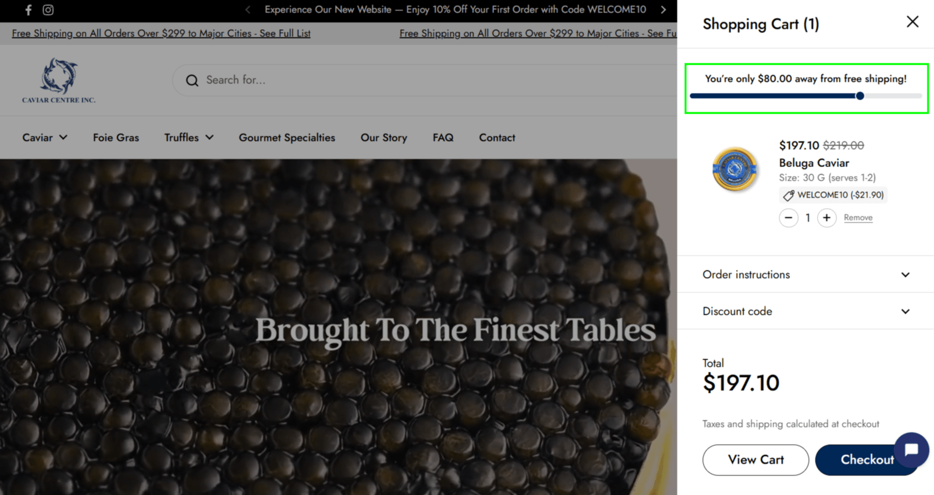 Shopify cart drawer with a free shipping progress indicator showing the remaining amount needed to unlock free shipping, helping increase average order value and reduce cart abandonment.