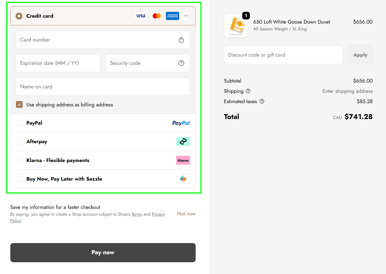 Shopify checkout page showing credit card, PayPal, Klarna, Afterpay, and Sezzle payment methods to give customers more payment flexibility and increase conversion rates.