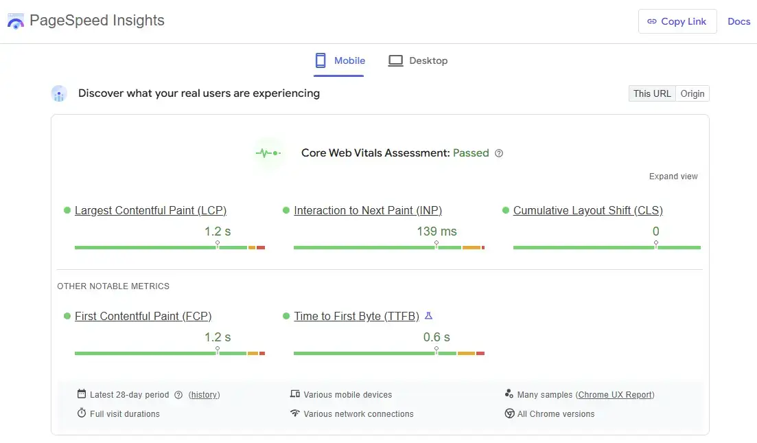 PageSpeed Insights report showing a Shopify store passing Core Web Vitals benchmarks for mobile users, demonstrating fast loading times, responsive interactions, and stable page layouts that support higher conversion rates.