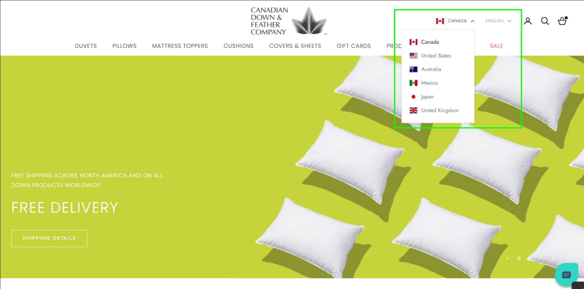 Shopify Markets language and currency switcher enabling localized shopping experiences with country and currency selection for international customers.