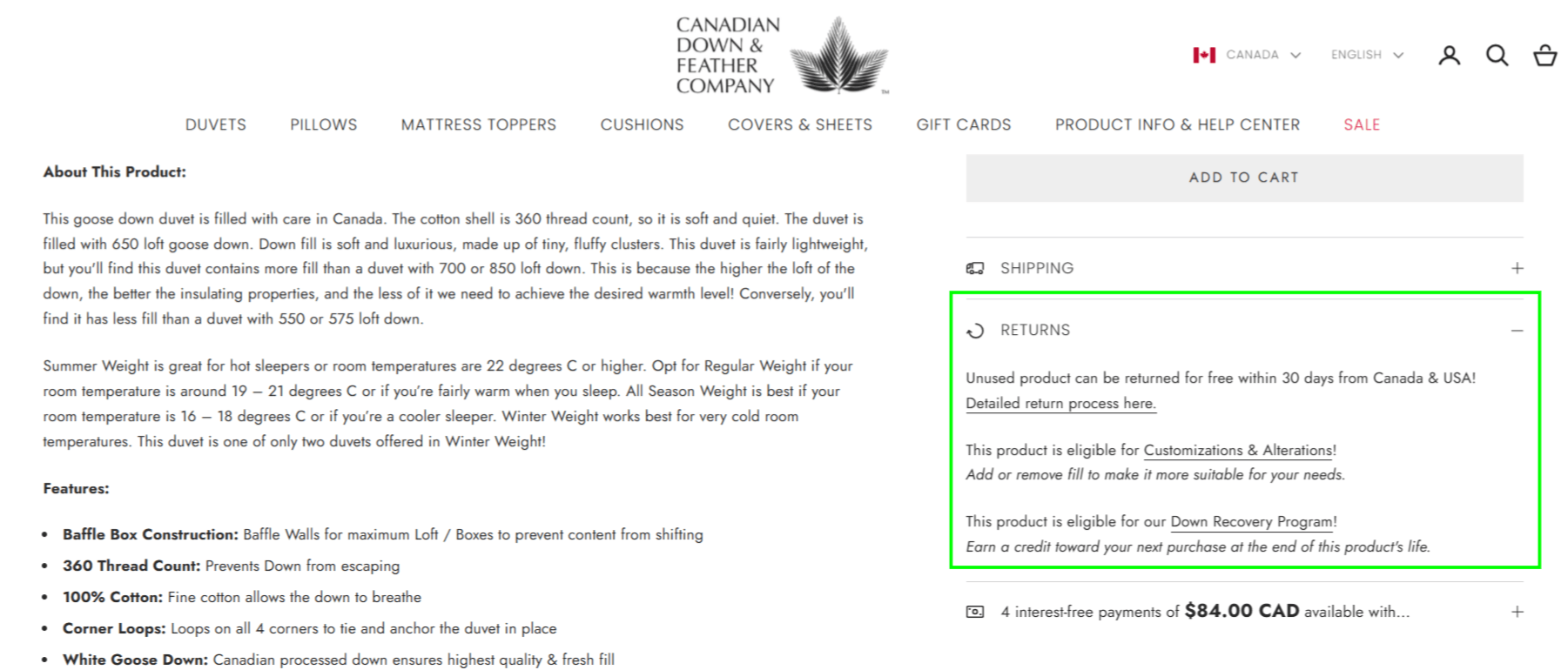Shopify product page displaying a prominent returns policy section that reassures shoppers, reduces purchase risk, and helps improve product page conversion rates.