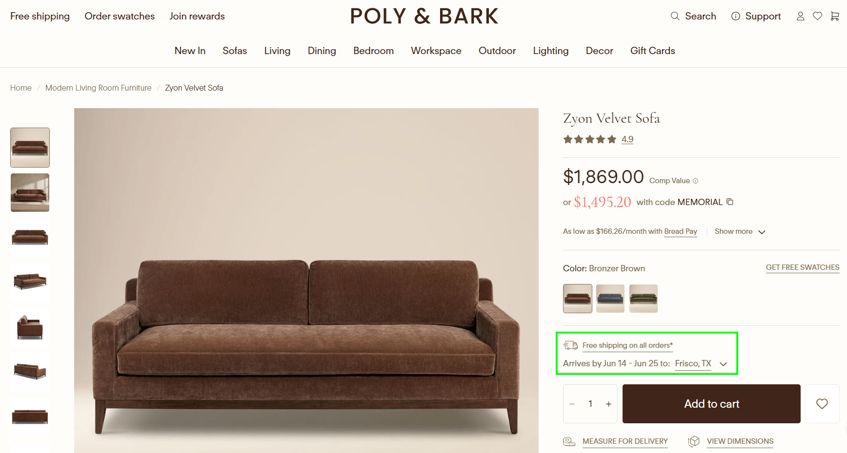 Shopify product page displaying free shipping details and estimated delivery dates near the add-to-cart button to reduce cart abandonment and increase conversion rates.