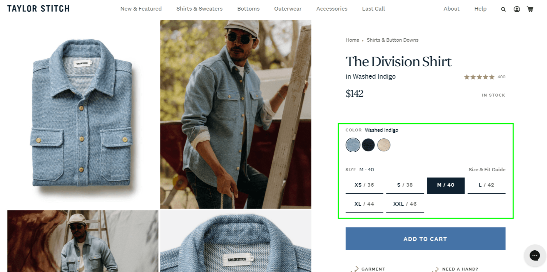 Shopify product page with color swatches, size selection buttons, size and fit guide, and dynamic product images that help shoppers choose the correct product variant with confidence.
