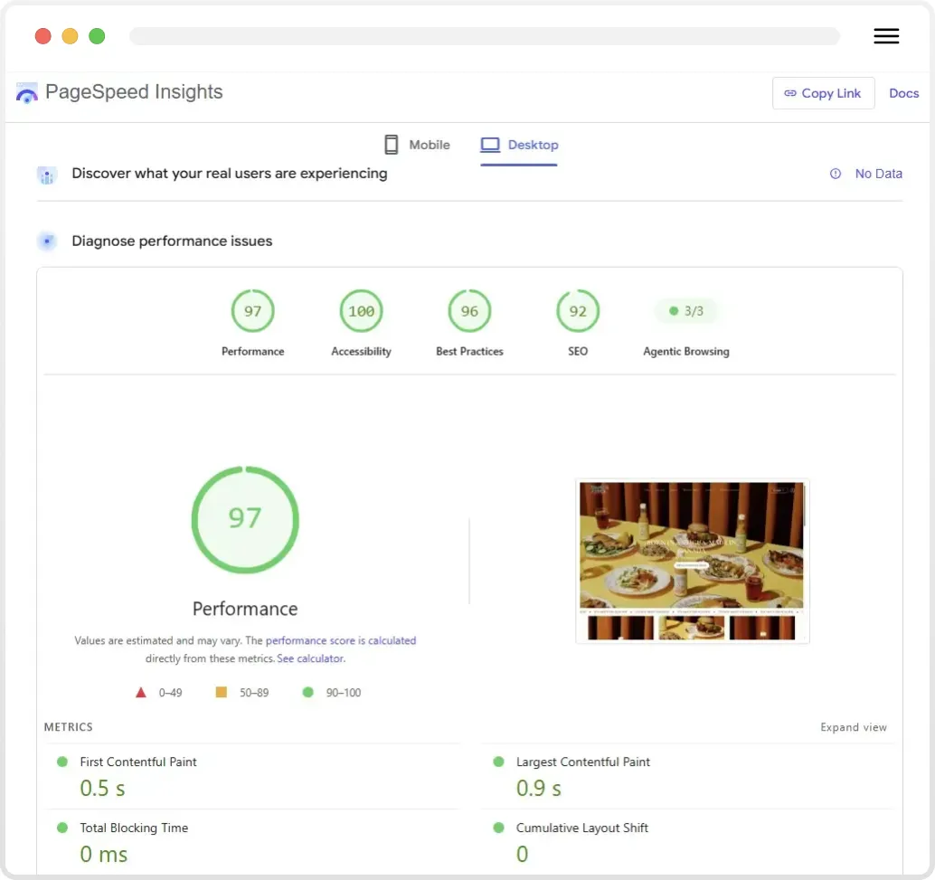 Google PageSpeed results
